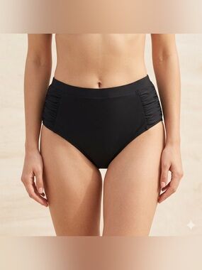 High Waisted Ruched Bikini Swimsuit Bottoms Solid Black Size Medium